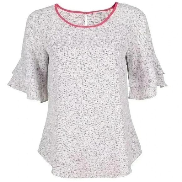Ricki’s Blouse Short Ruffle Sleeves Sheer Flowy White Pink  Polka Dot Size Small - Picture 1 of 15